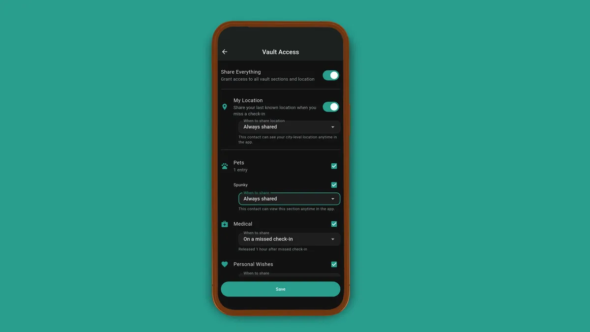 A vault section with the 'Always shared' toggle on, giving a contact access right away