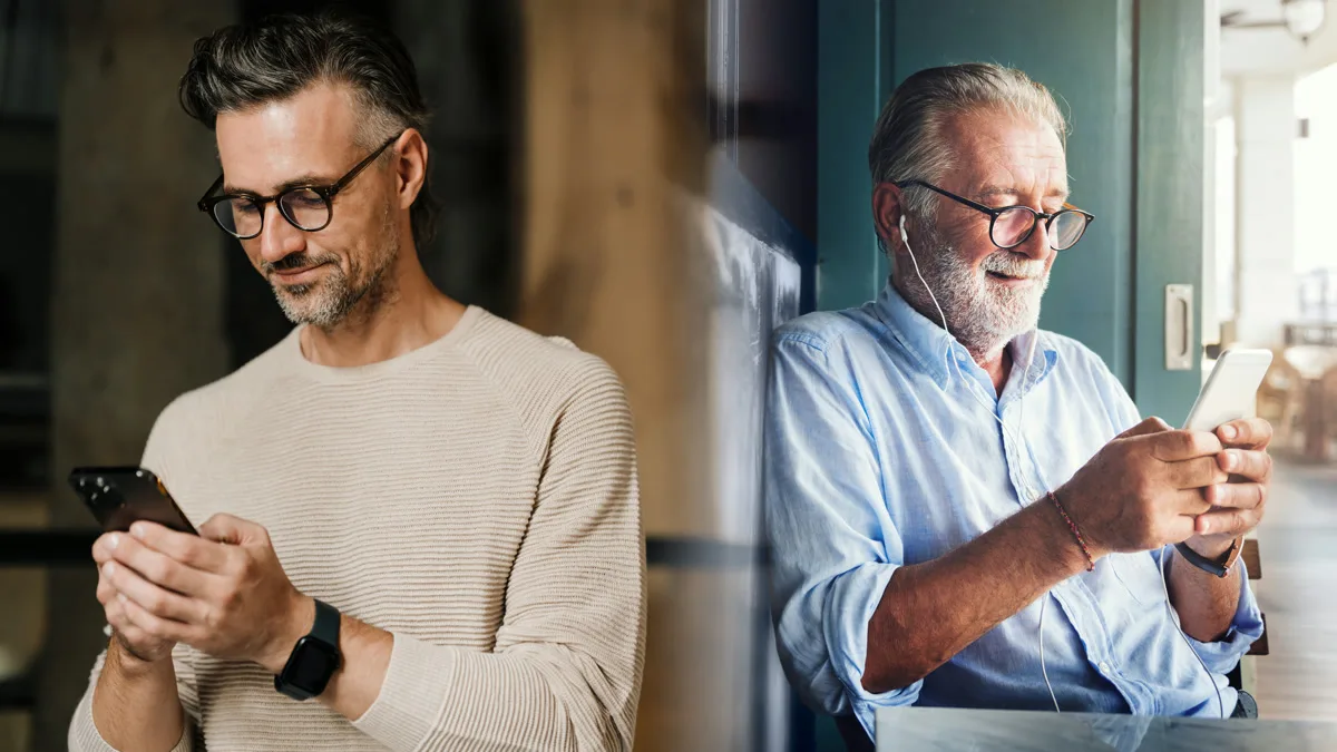 Two people in different places, each checking their phone with a quiet smile