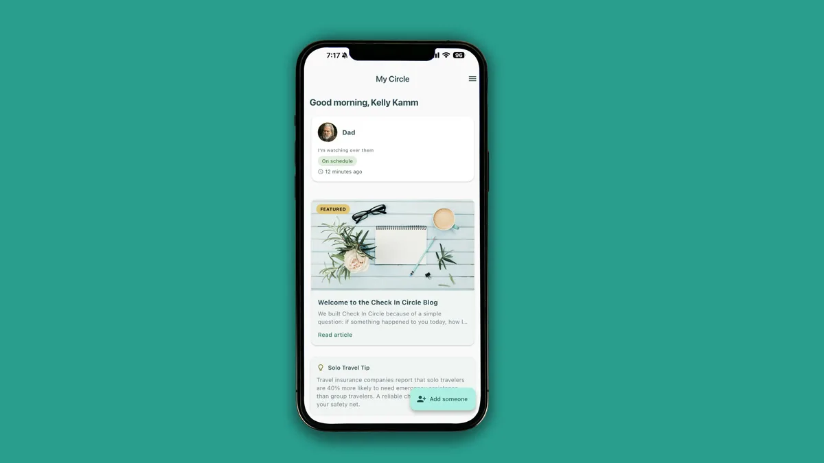 Check In Circle's new My Circle dashboard, showing the people you watch over with their check-in status