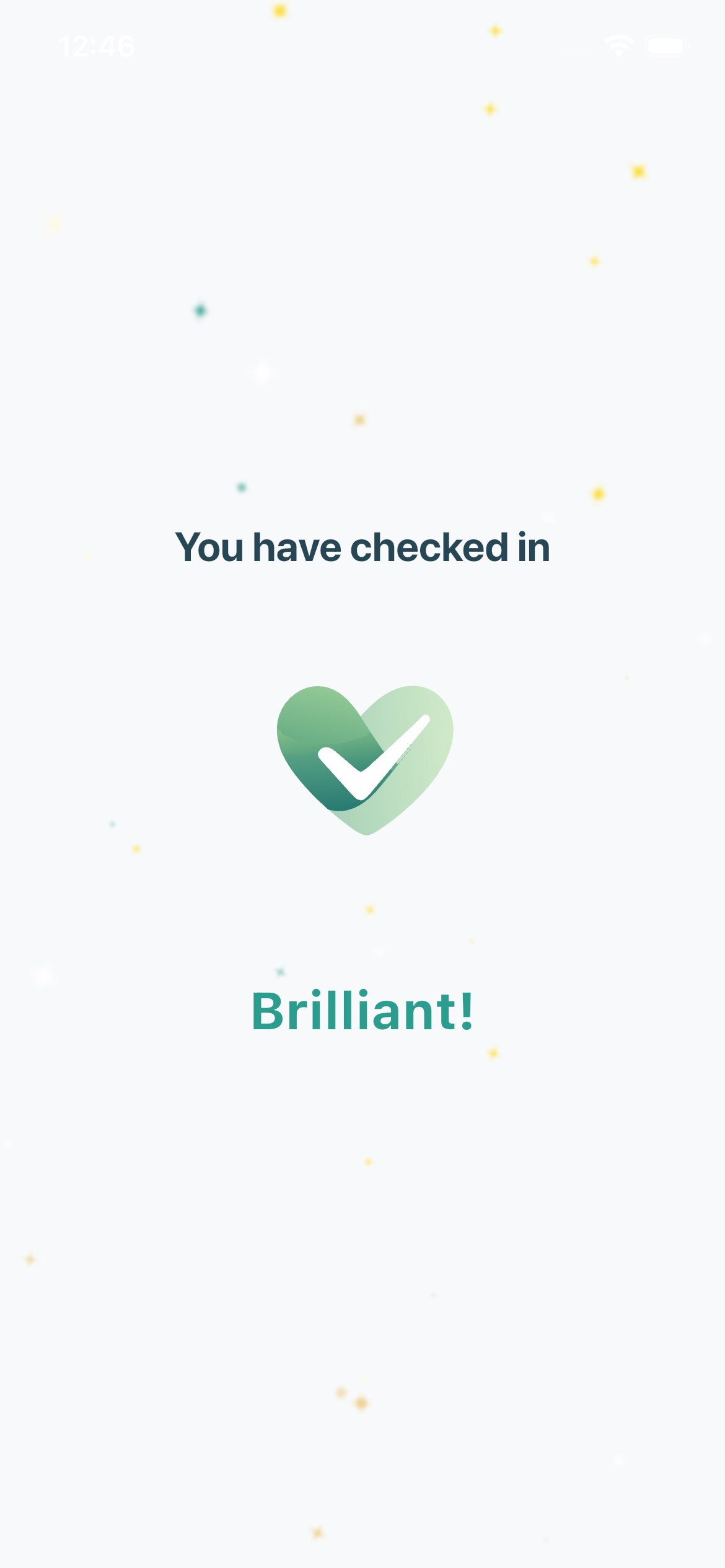 Check-in celebration screen with fireworks animation