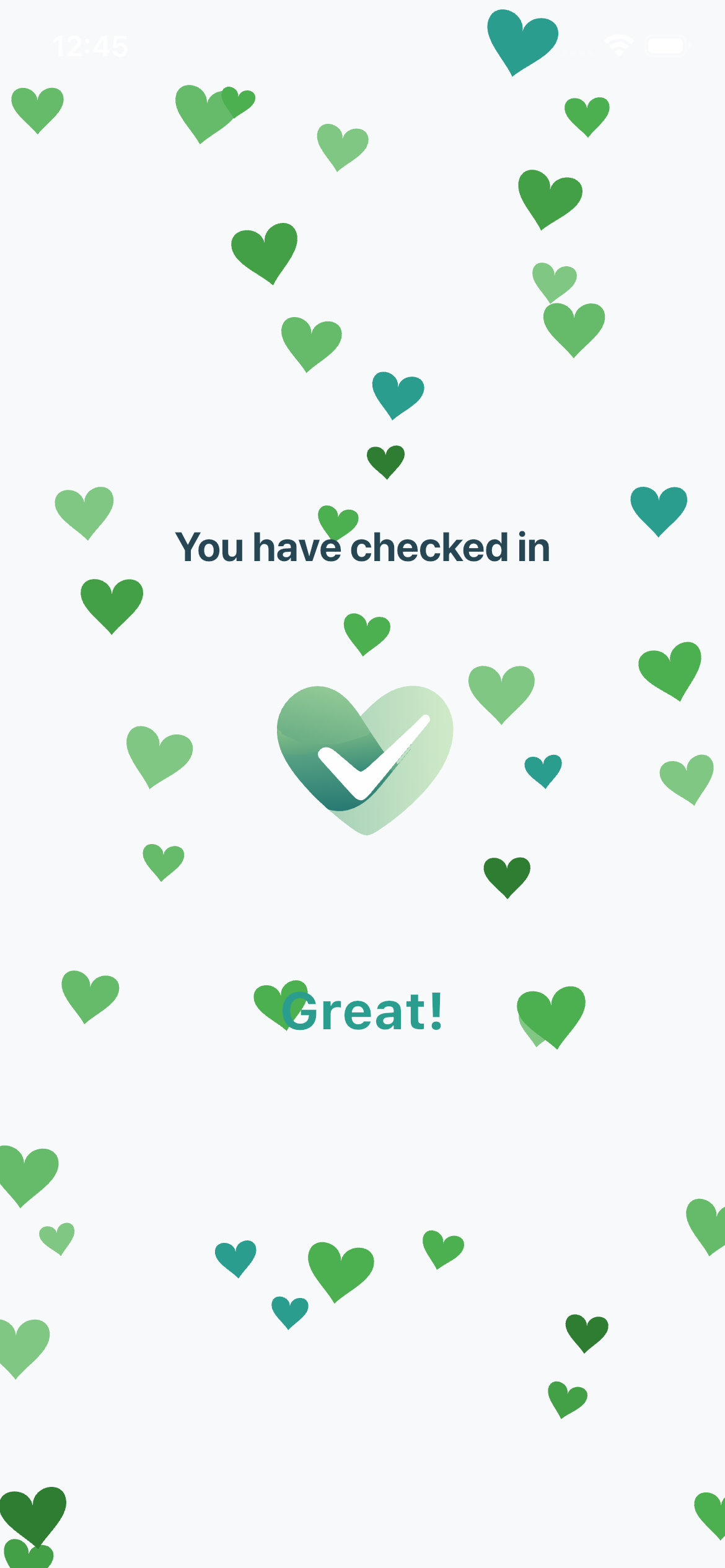 Check-in celebration screen with hearts animation