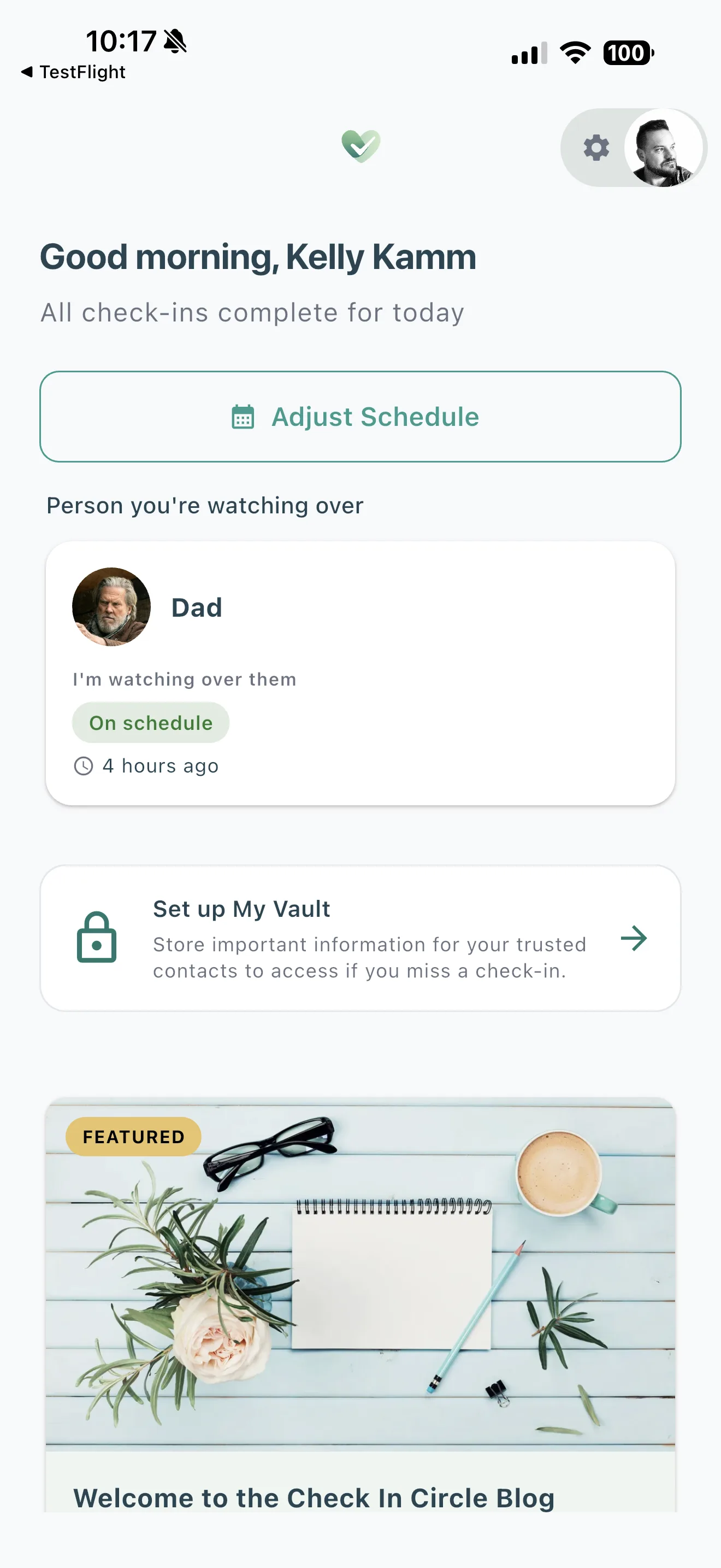 iPhone showing Your Circle dashboard with check-in status for everyone in the circle