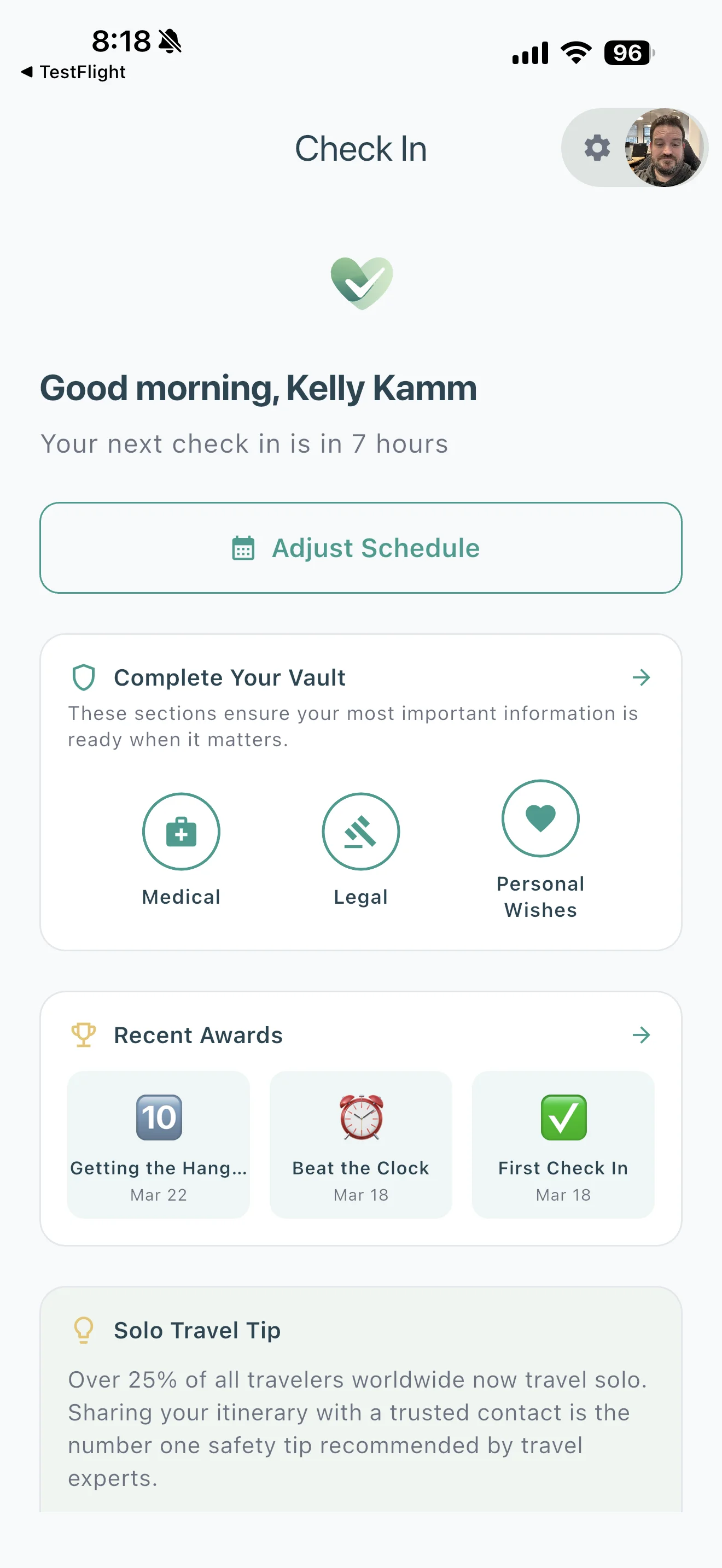 Check In Circle home screen showing check-in button