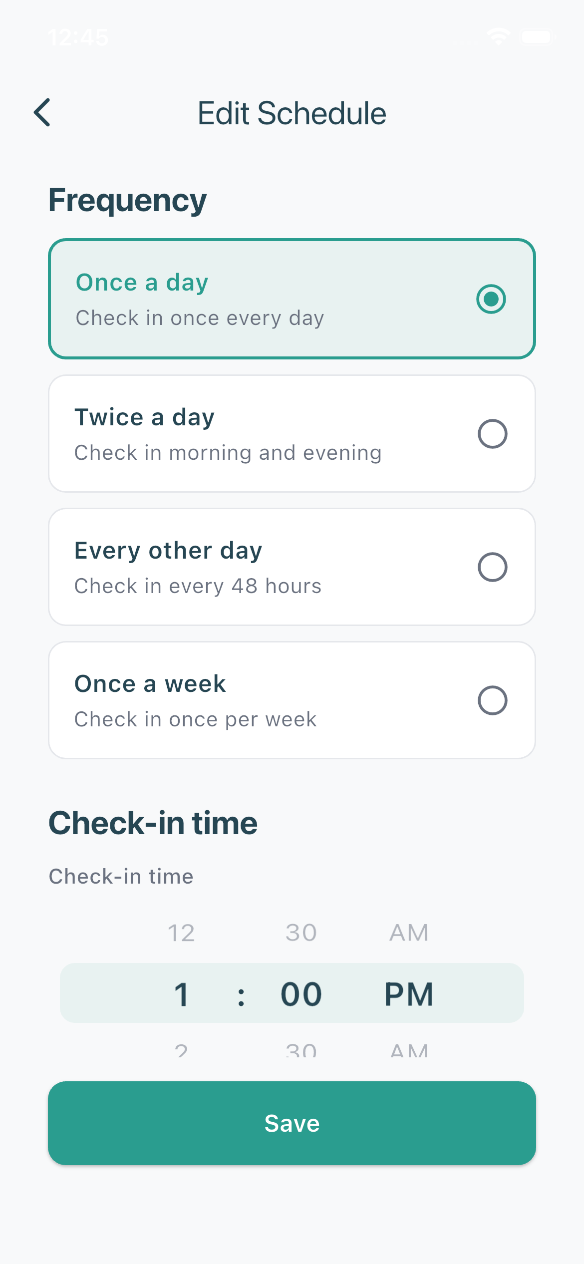 Schedule configuration screen showing frequency and time picker