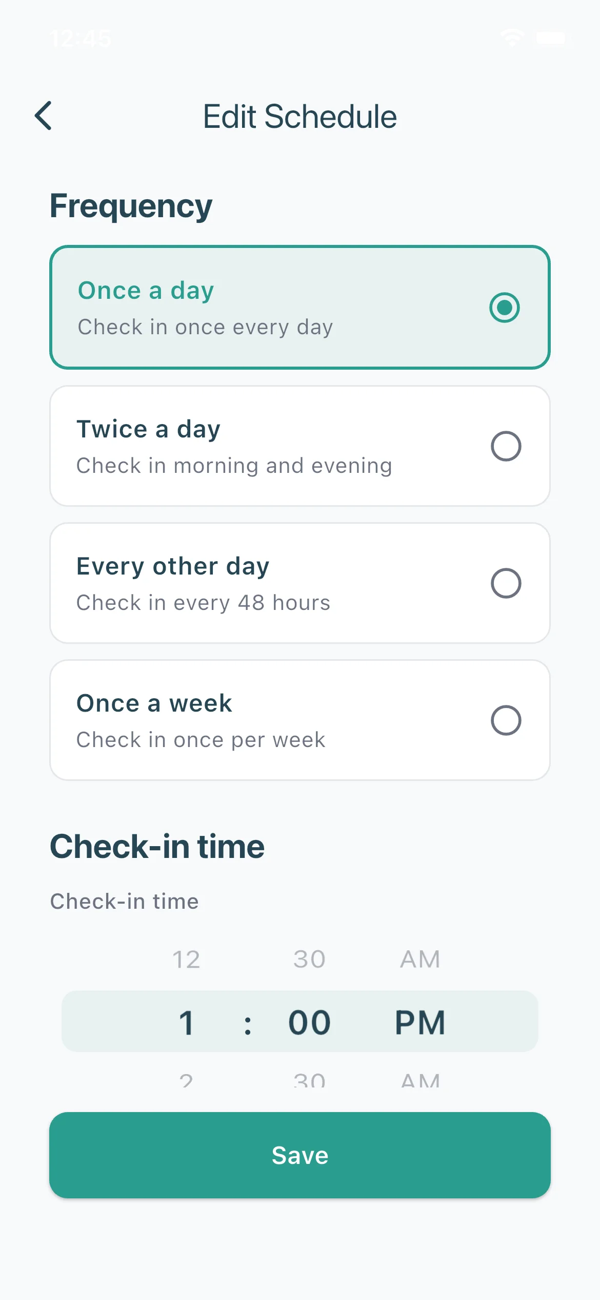 Check-in schedule screen showing flexible timing options