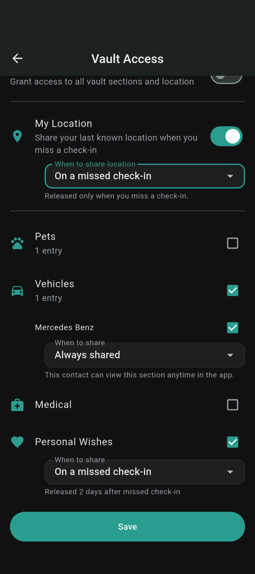 Vault access settings on Android showing Not shared, On missed check-in, and Always shared modes