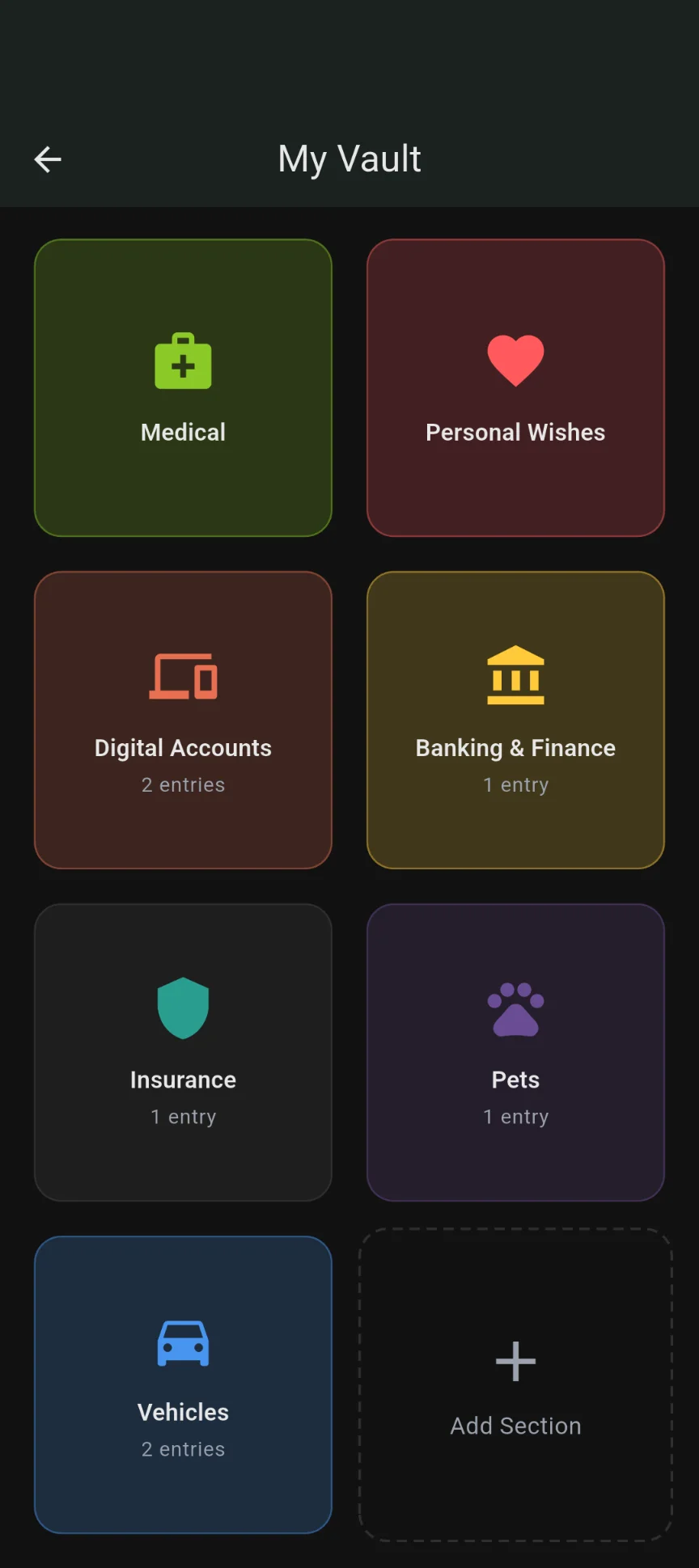 Vault home screen showing section grid with medical, legal, banking, pets, and more