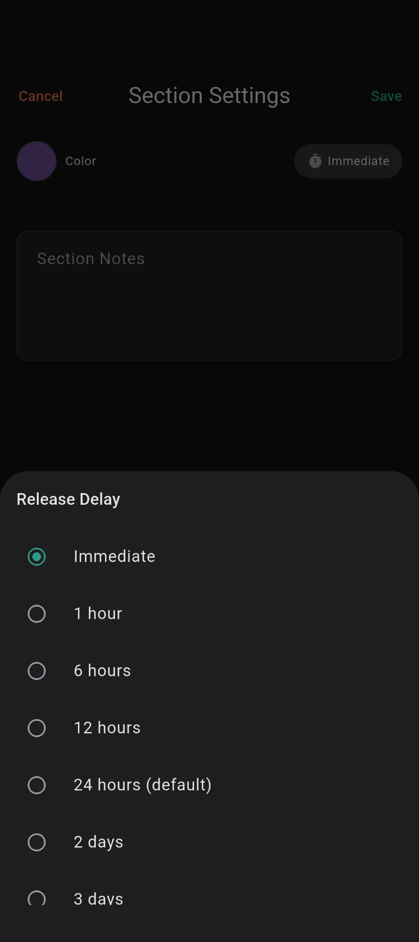 Vault section settings showing release delay picker