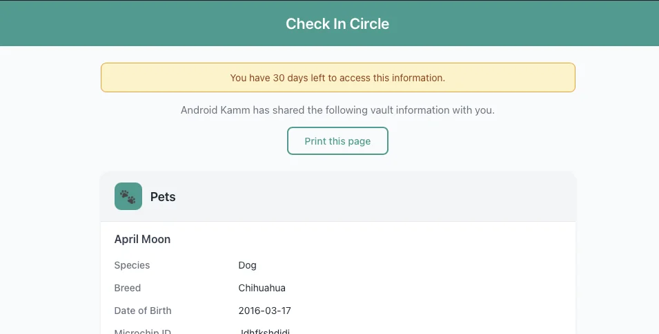 Secure web vault viewer showing released sections with verification