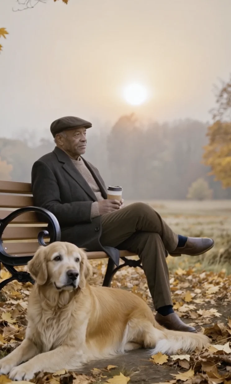 Dad sitting on a park bench with Biscuit at his feet, watching the sunrise