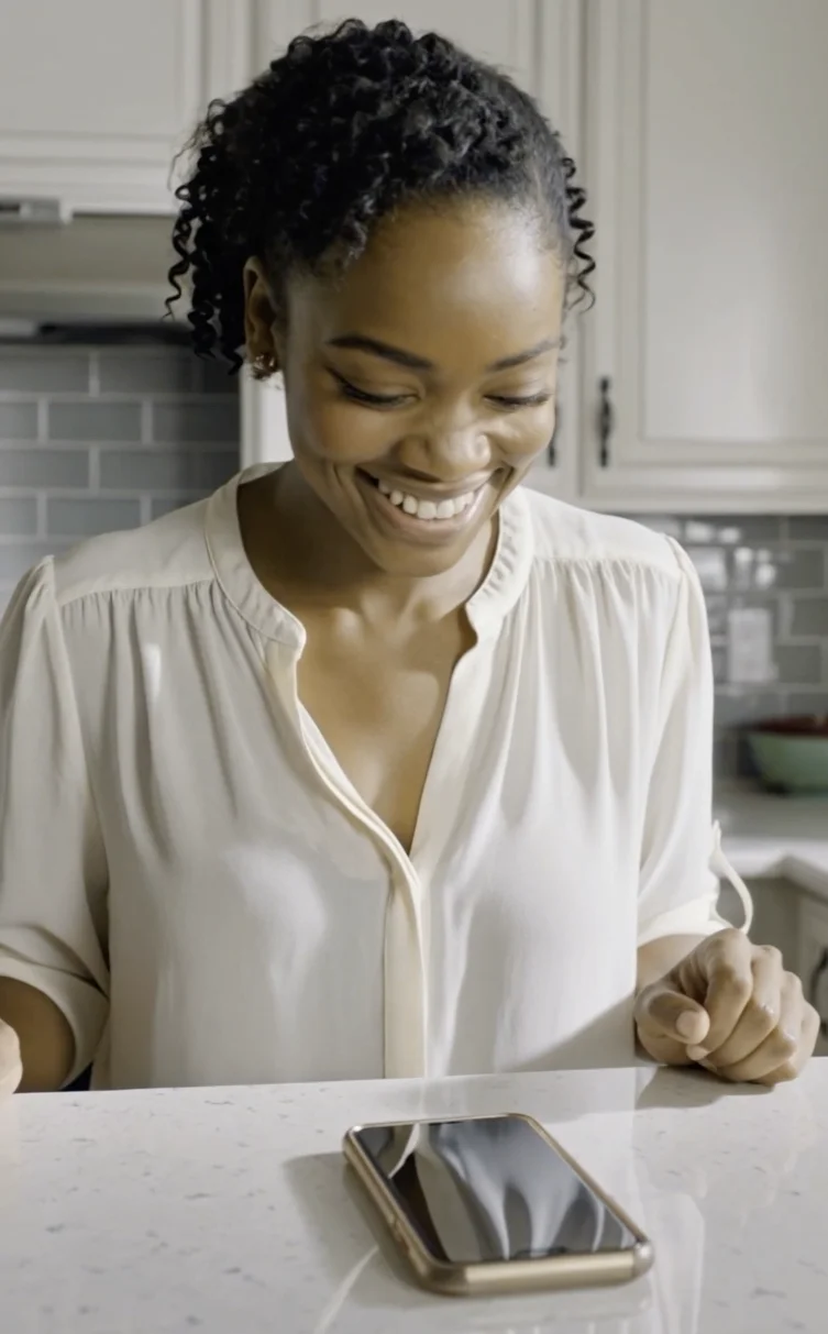 Daughter pausing in her kitchen, looking out the window