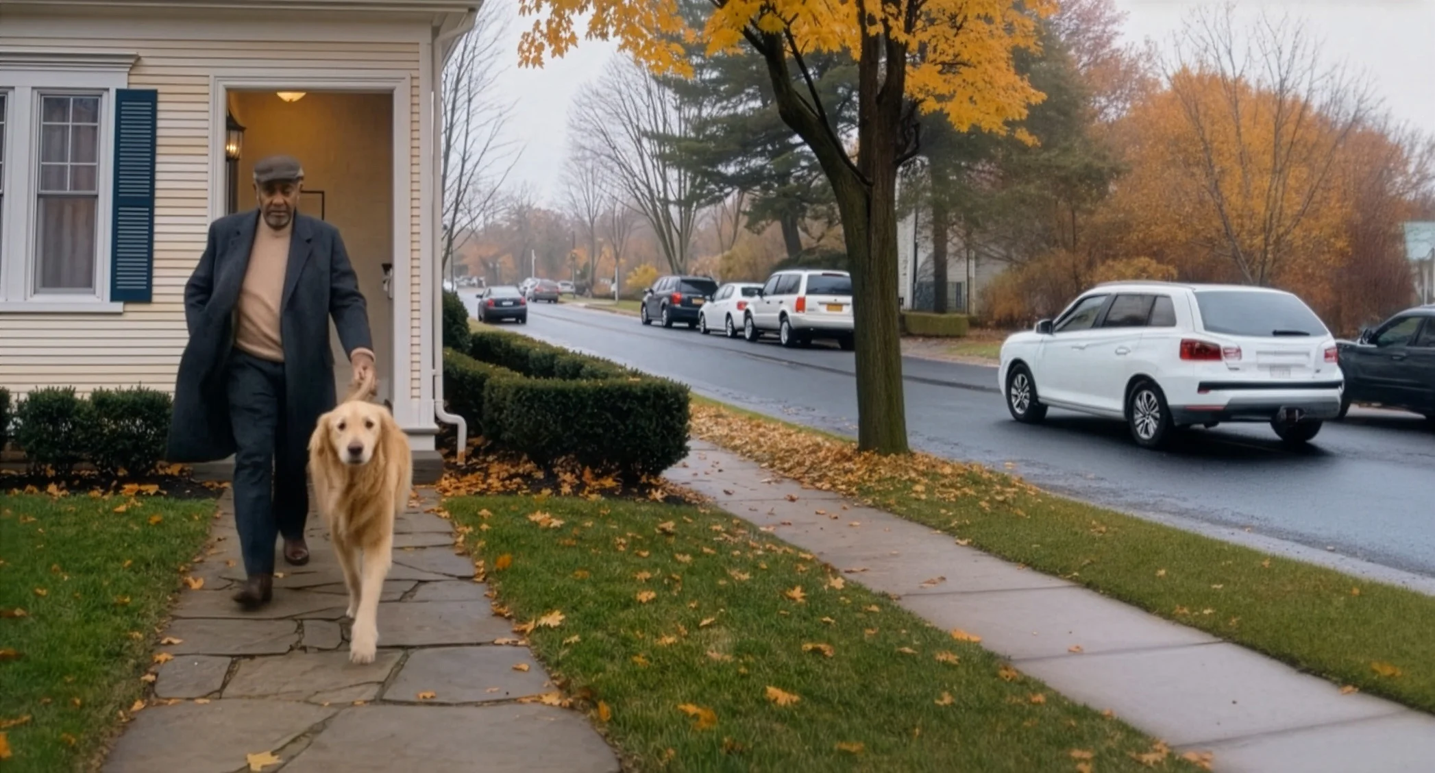 A father and his golden retriever on their morning walk