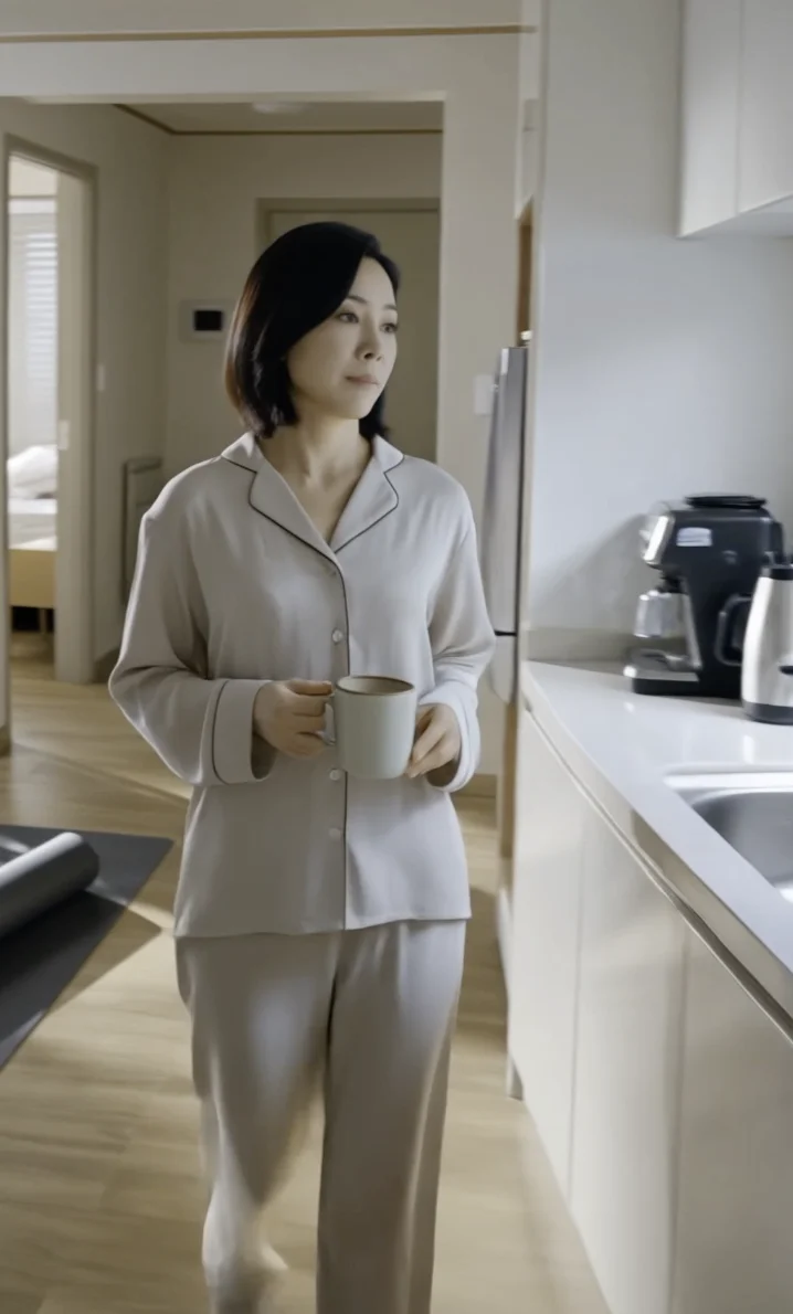 Woman pausing at her kitchen counter, coffee in hand, looking out the window