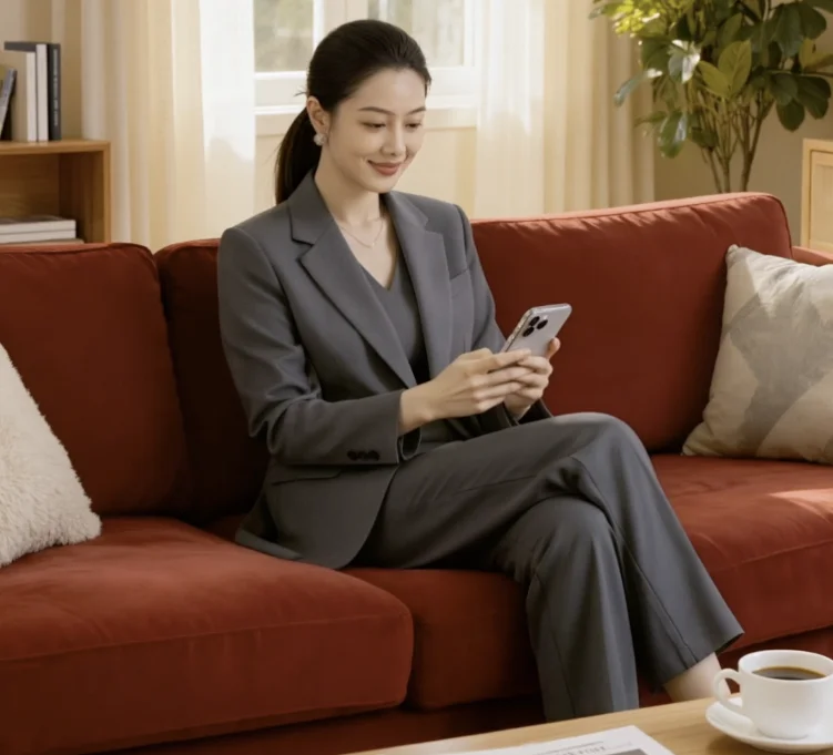 Her sister relaxed on a couch, scrolling her phone, calm morning