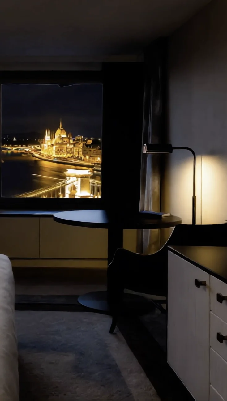 Budapest hotel room overlooking the Danube and Chain Bridge at night