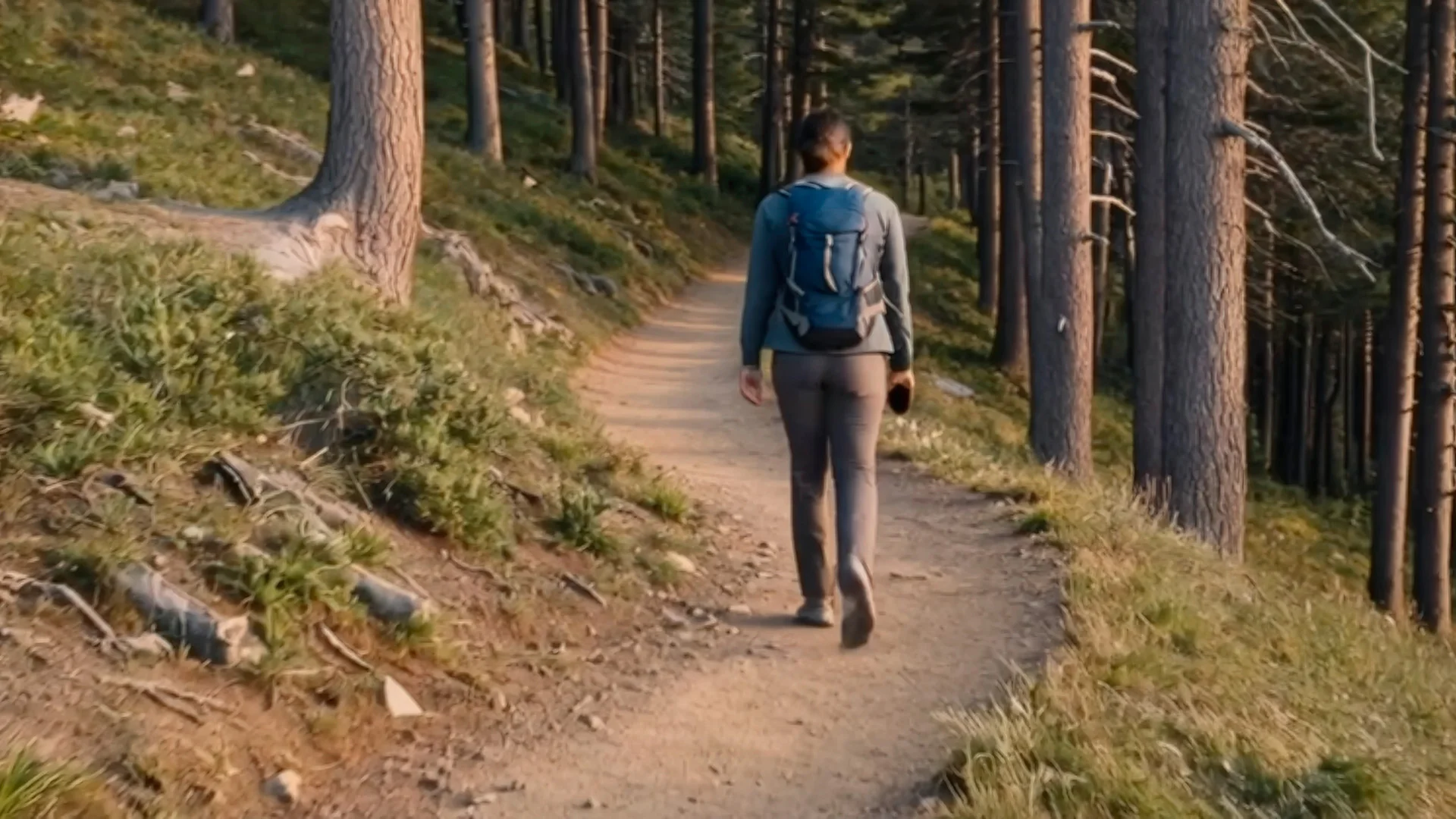 Solo hiker on a forest trail, morning light through the canopy