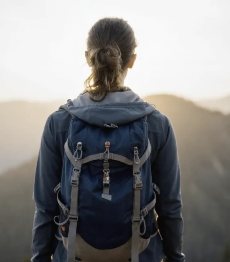 Standing on a lower summit, mountains fading into the distance at sunset