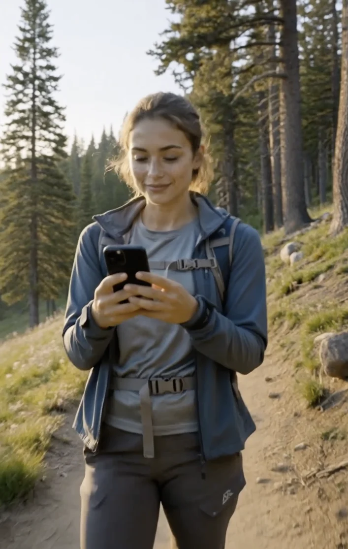 Woman hiking down a wooded trail, morning light filtering through the canopy